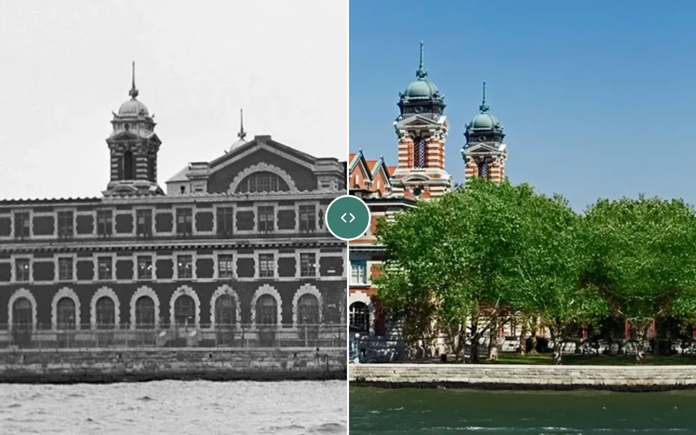 Ellis Island's main building split down the middle — a black-and-white photo from its immigration years on the left, the restored red-brick building behind green trees on the right