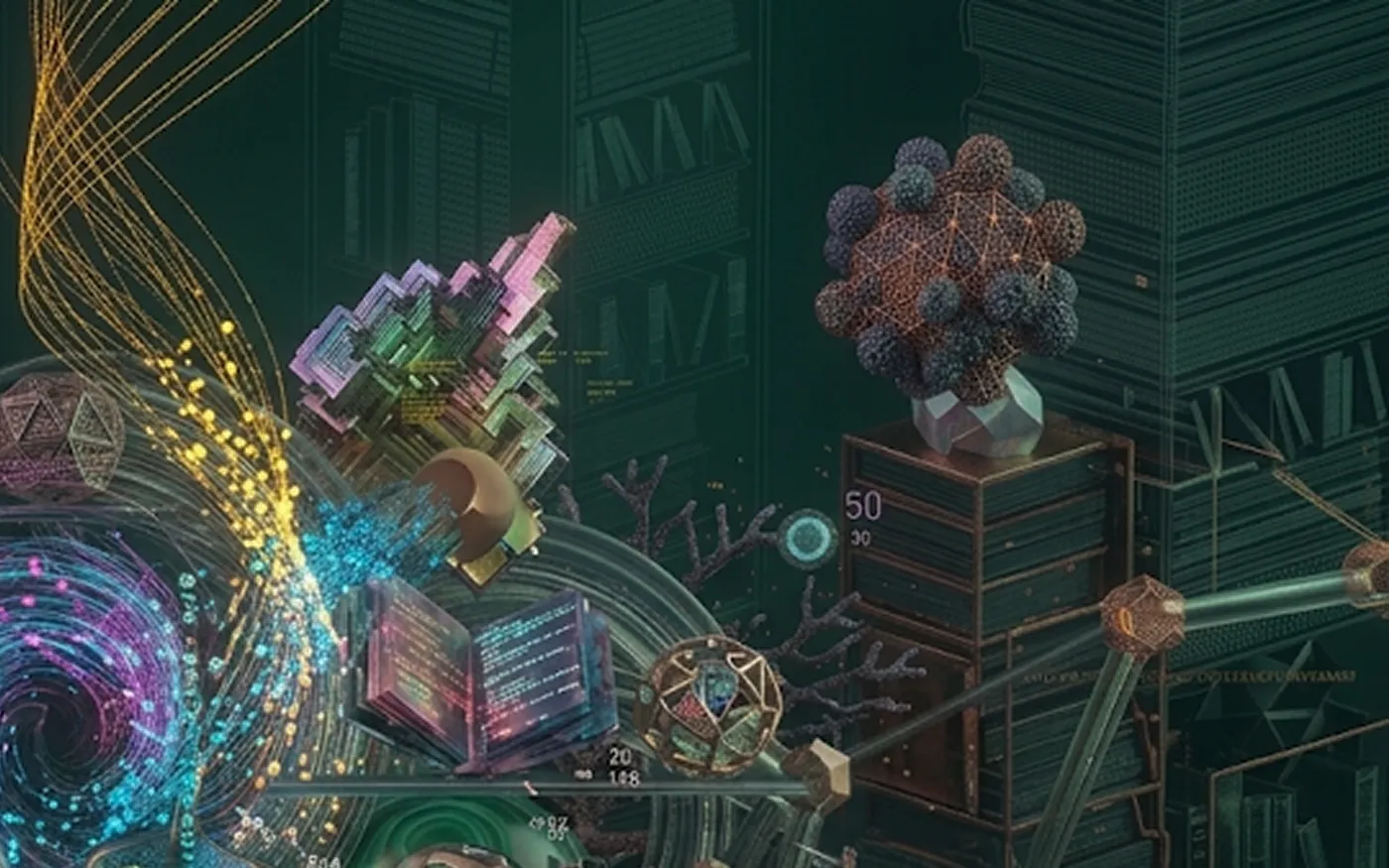 Abstract card art — an open glowing book among crystals and golden geodesic spheres, in front of towering dark-green bookshelves