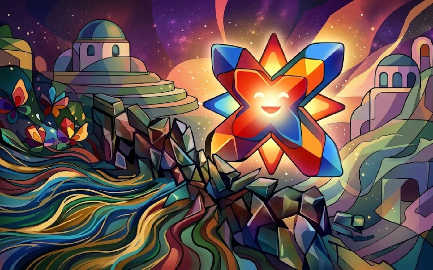Card art — a smiling star of coloured glass glowing over a stained-glass landscape of domed houses, crystal rocks and a rainbow river